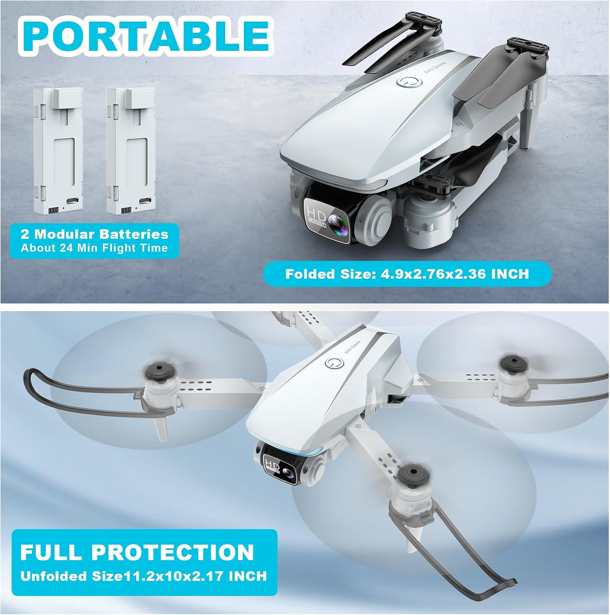 White 1080P FPV Camera Drone with Remote Control and Carrying Case