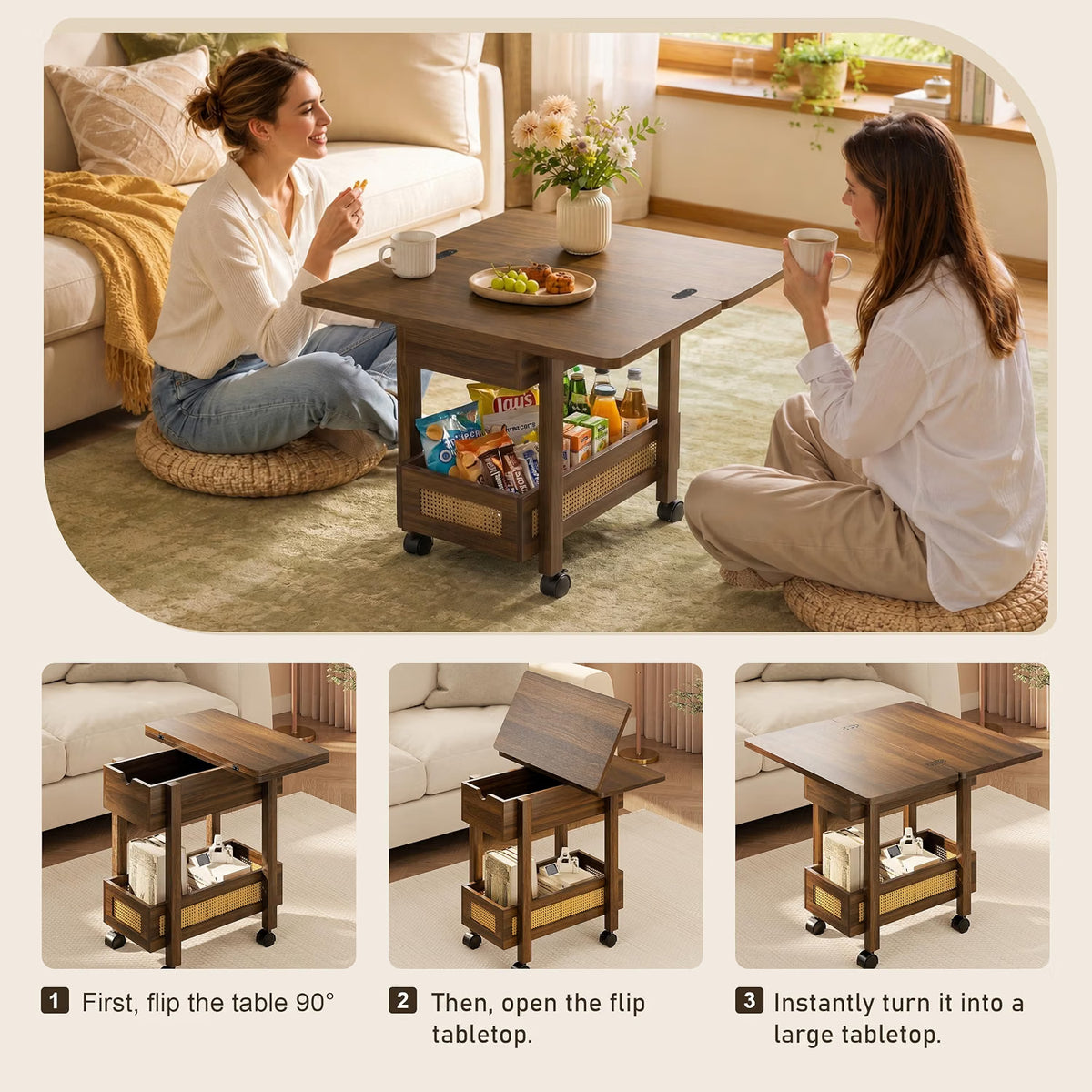 Dark - Drop Leaf End Table with Charging Station and Wheels