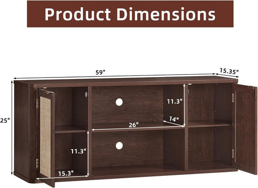 Dark Wood TV Stand with Rattan Doors