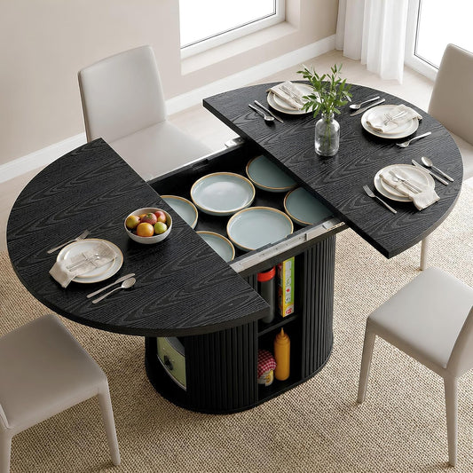 Expandable Round Dining Table with Fluted Pedestal Storage Base