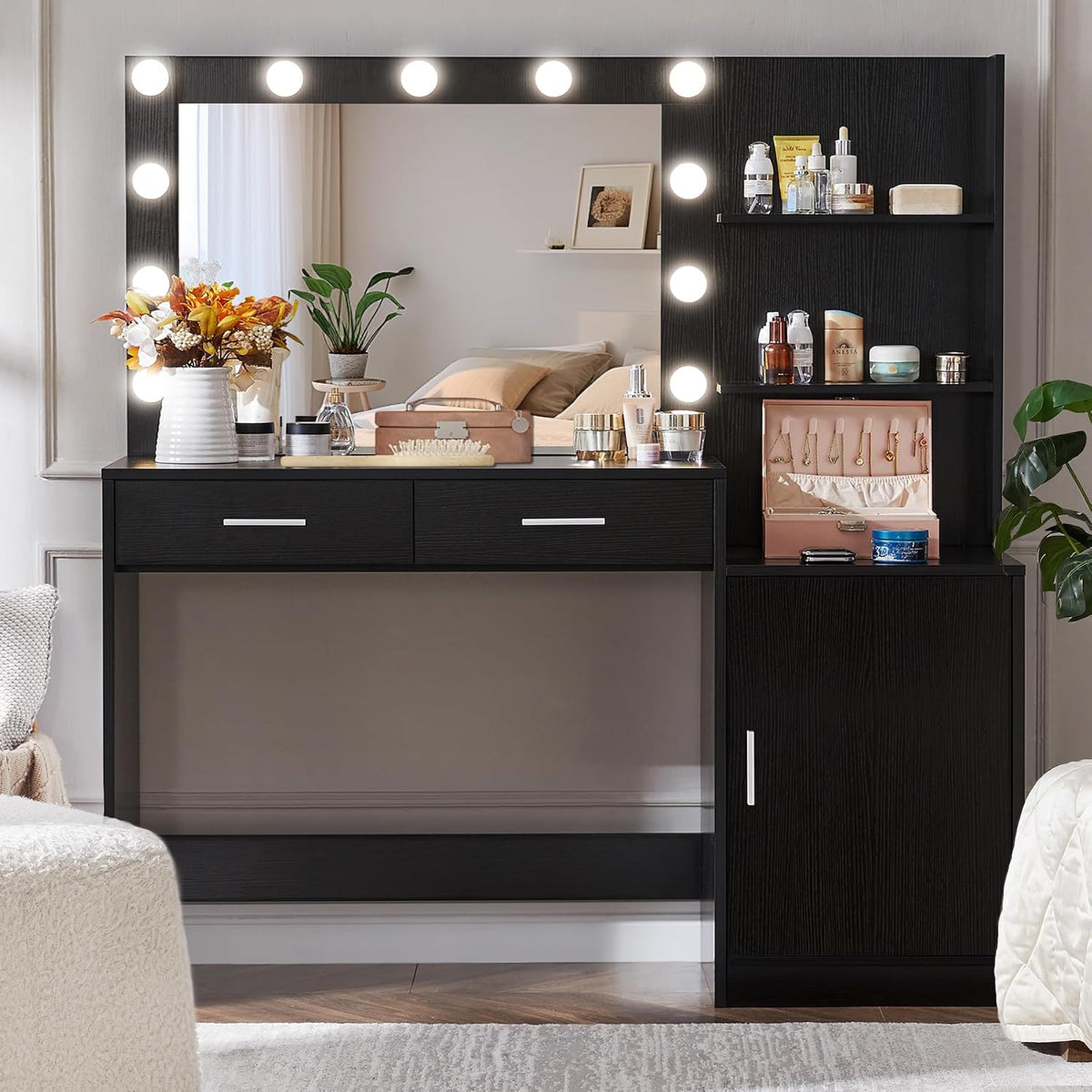 Black Vanity Desk with Lighted Mirror and Storage