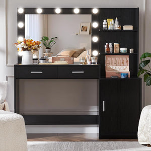 Black Vanity Desk with Lighted Mirror and Storage