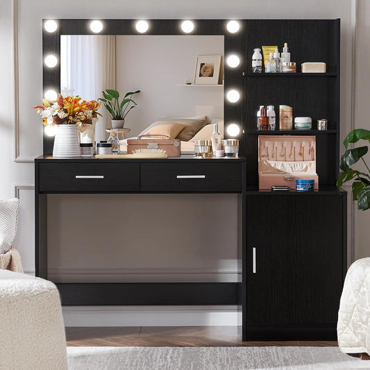 Black Vanity Desk with Lighted Mirror and Storage