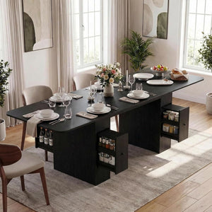 Extendable Black Wood Dining Table with Storage Drawers