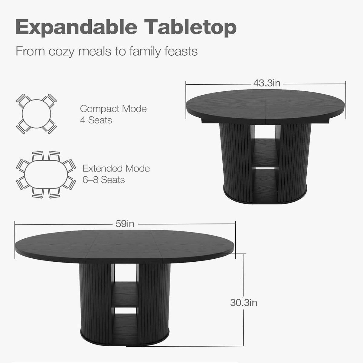 Expandable Round Dining Table with Fluted Pedestal Storage Base
