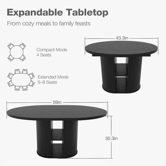 Expandable Round Dining Table with Fluted Pedestal Storage Base