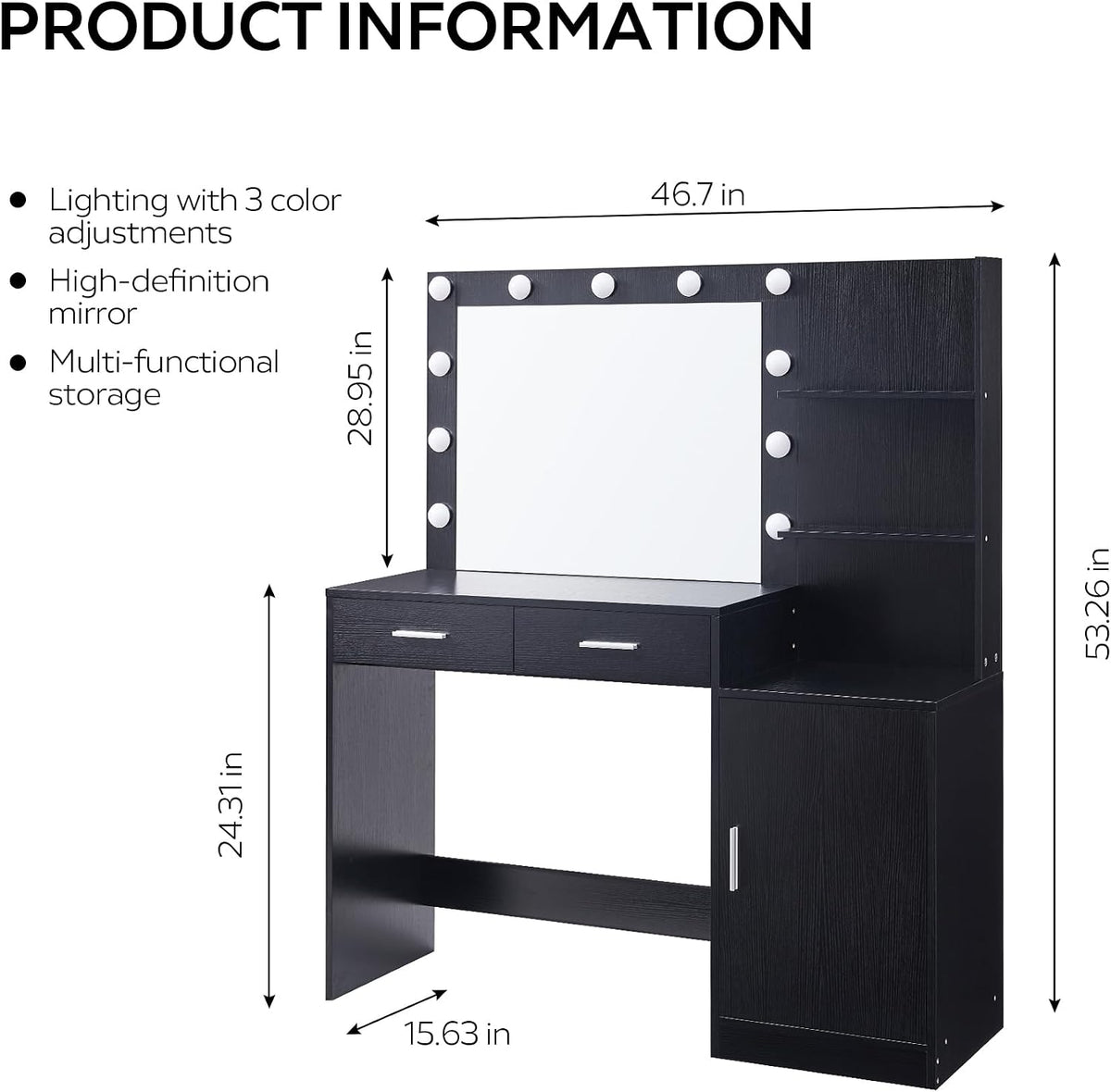 Black Vanity Desk with Lighted Mirror and Storage