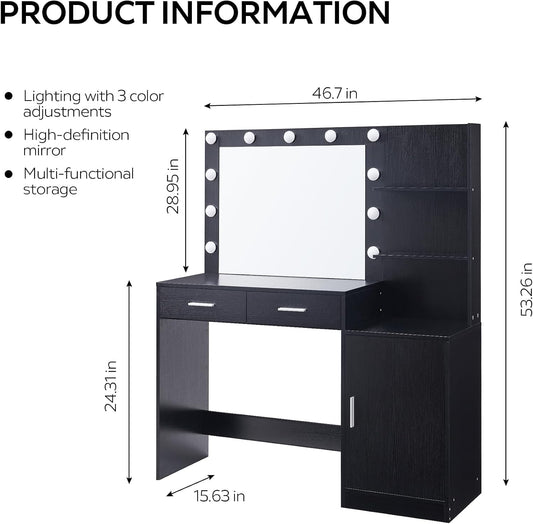 Black Vanity Desk with Lighted Mirror and Storage