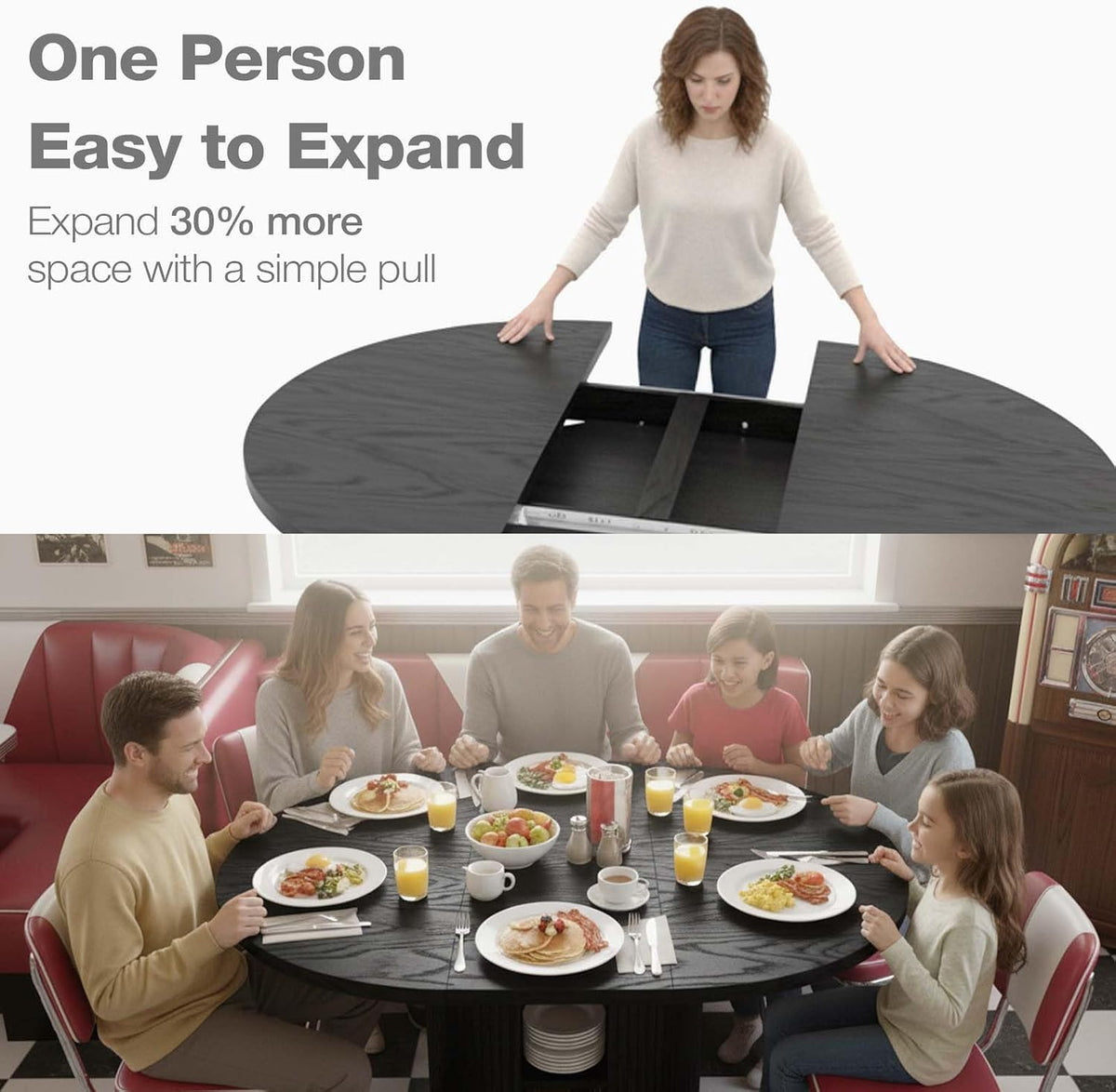 Expandable Round Dining Table with Fluted Pedestal Storage Base