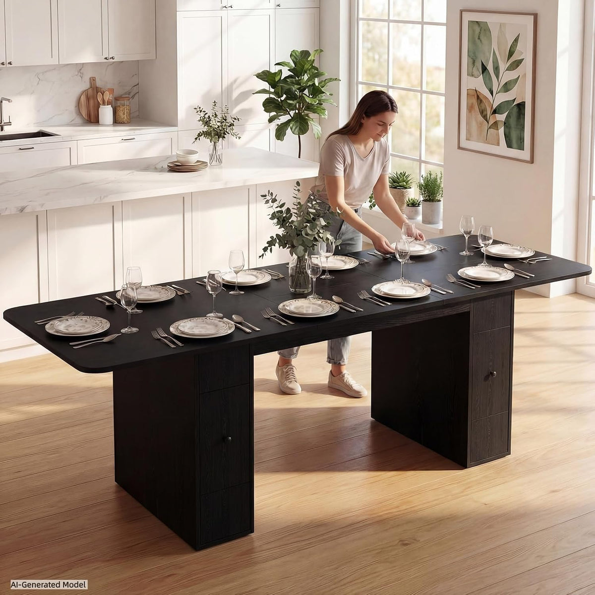 Extendable Black Wood Dining Table with Storage Drawers