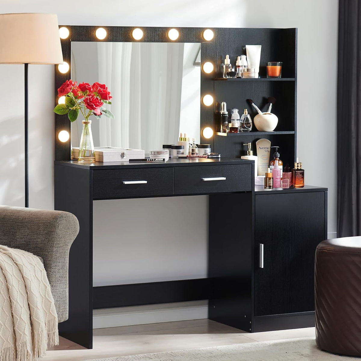 Black Vanity Desk with Lighted Mirror and Storage