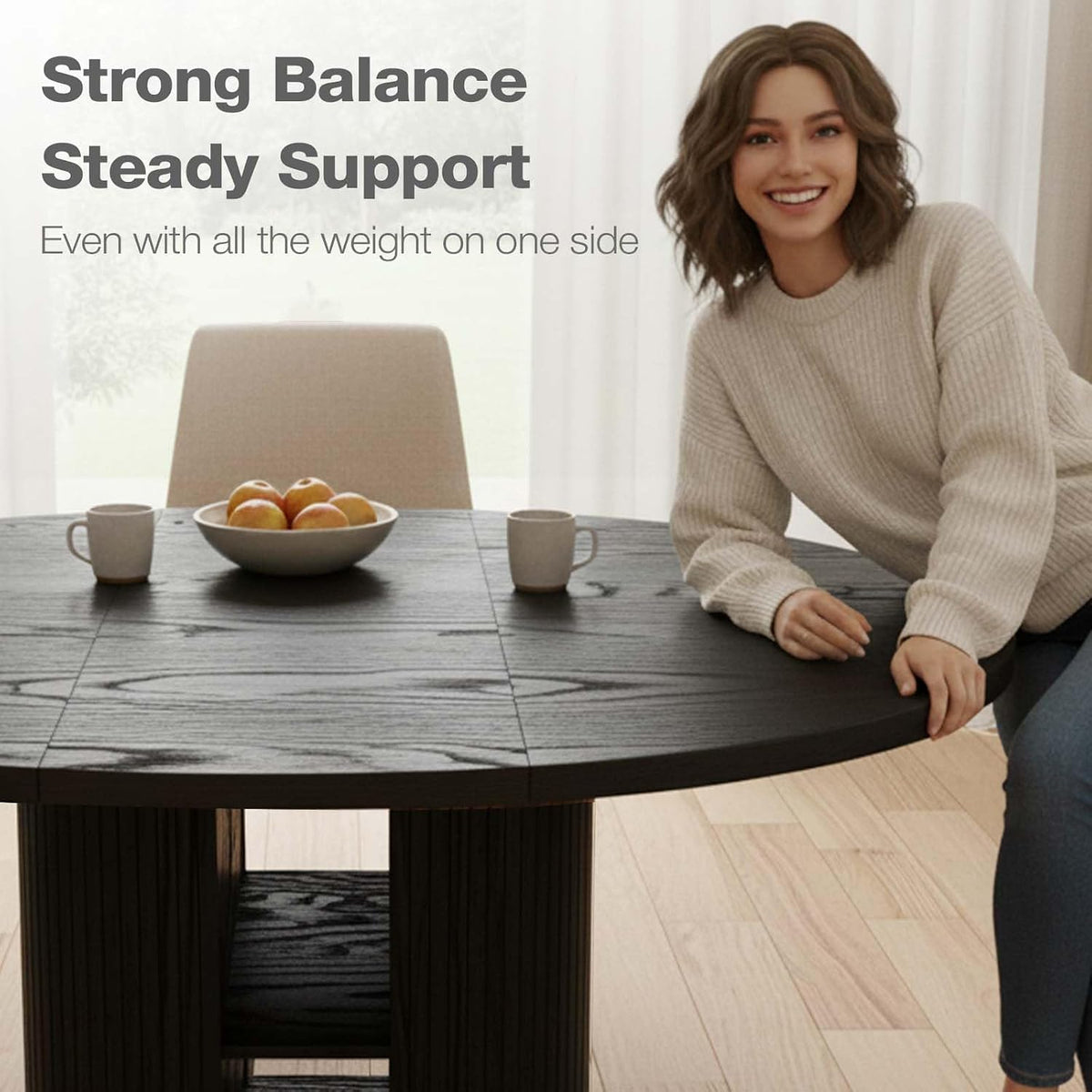 Expandable Round Dining Table with Fluted Pedestal Storage Base