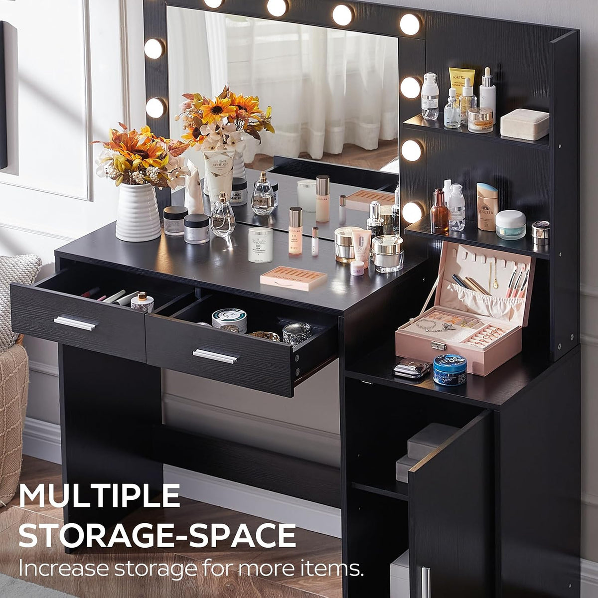 Black Vanity Desk with Lighted Mirror and Storage