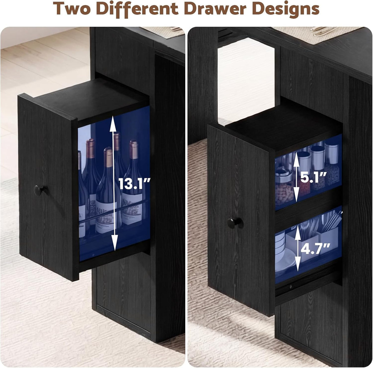 Extendable Black Wood Dining Table with Storage Drawers