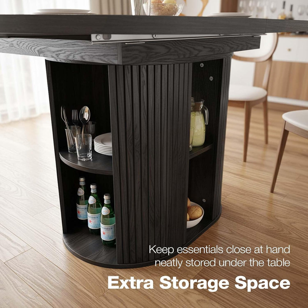 Expandable Round Dining Table with Fluted Pedestal Storage Base