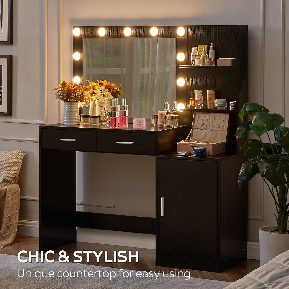 Black Vanity Desk with Lighted Mirror and Storage