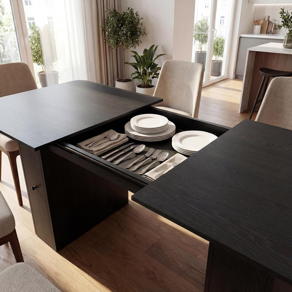 Extendable Black Wood Dining Table with Storage Drawers