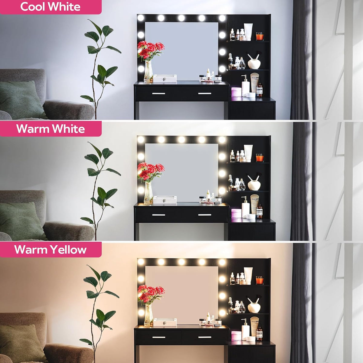 Black Vanity Desk with Lighted Mirror and Storage