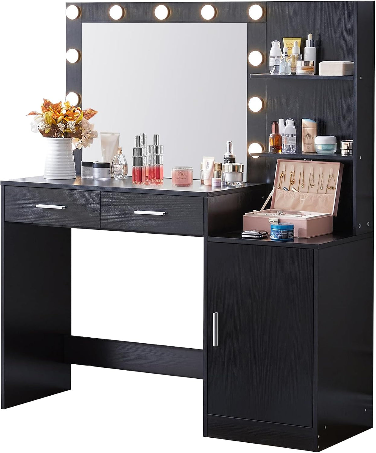 Black Vanity Desk with Lighted Mirror and Storage