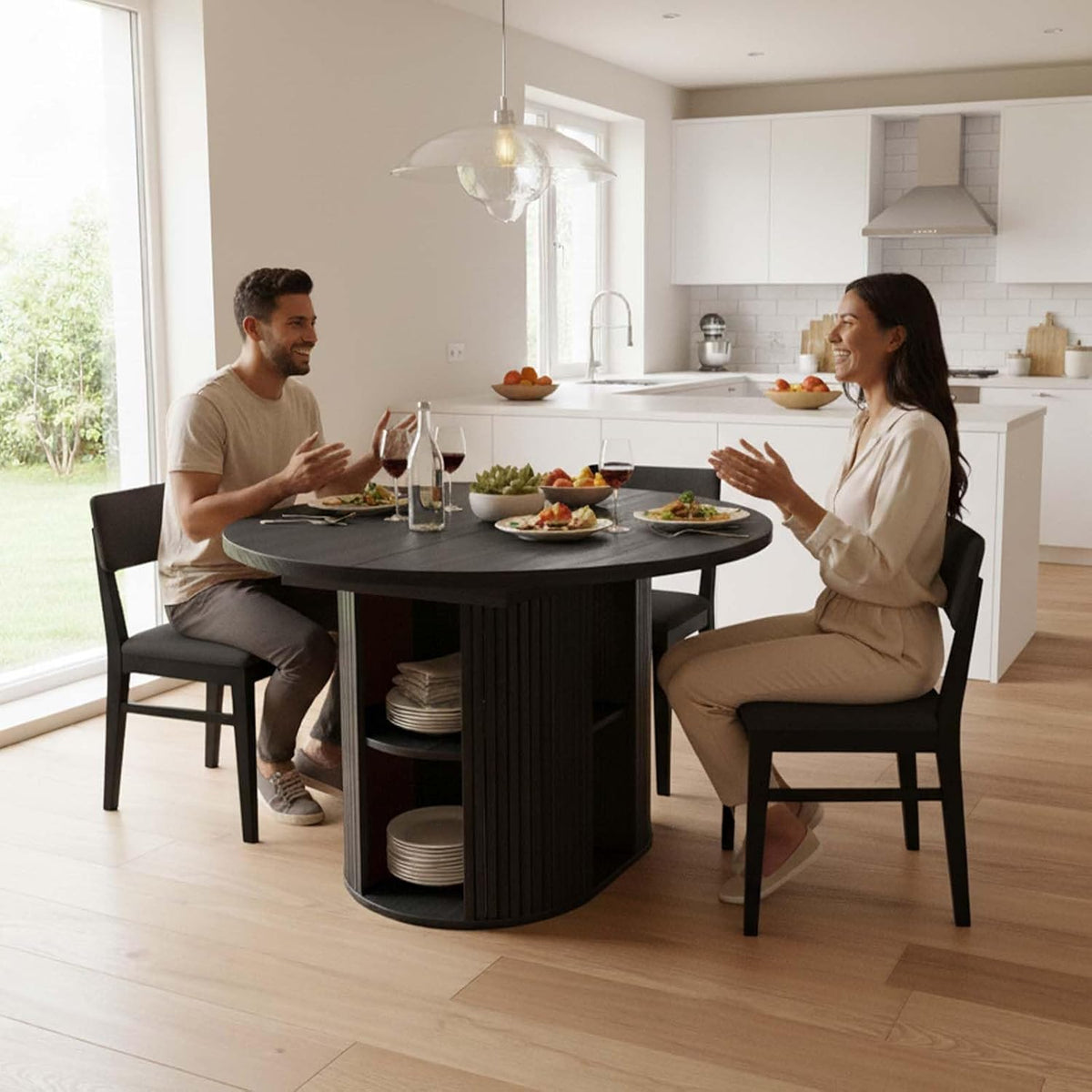 Expandable Round Dining Table with Fluted Pedestal Storage Base