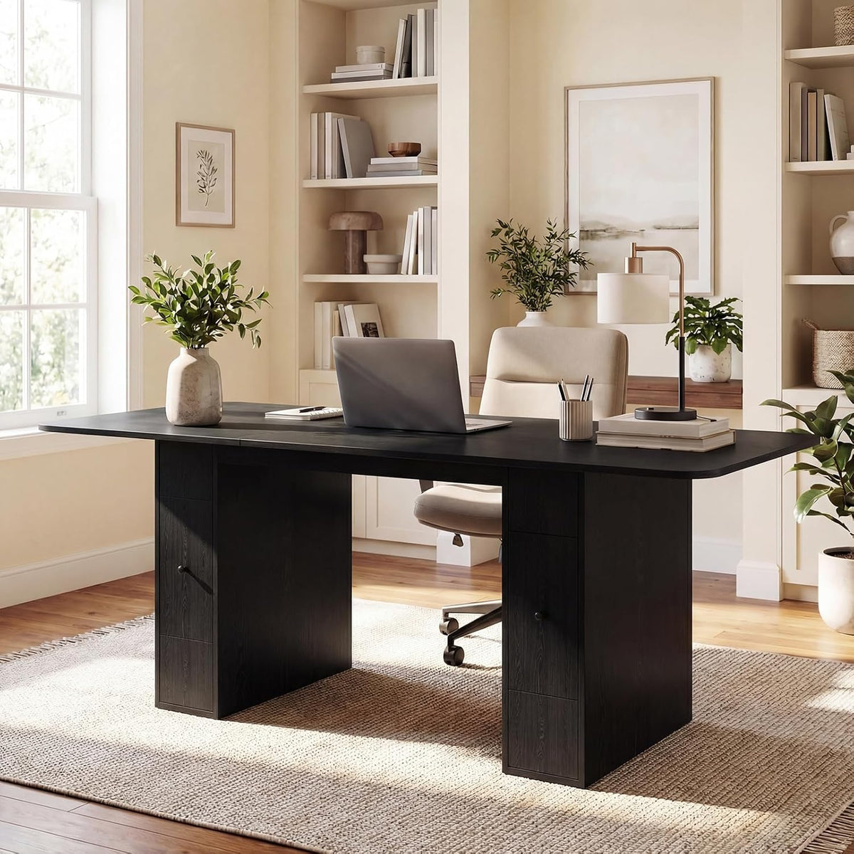 Extendable Black Wood Dining Table with Storage Drawers