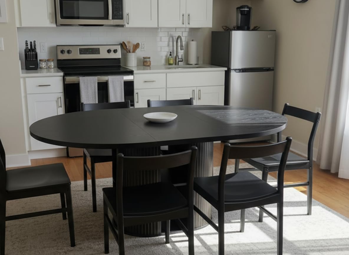 Expandable Round Dining Table with Fluted Pedestal Storage Base