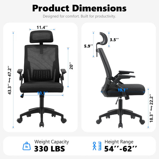 Black/Black Ergonomic Mesh Office Chair with Headrest