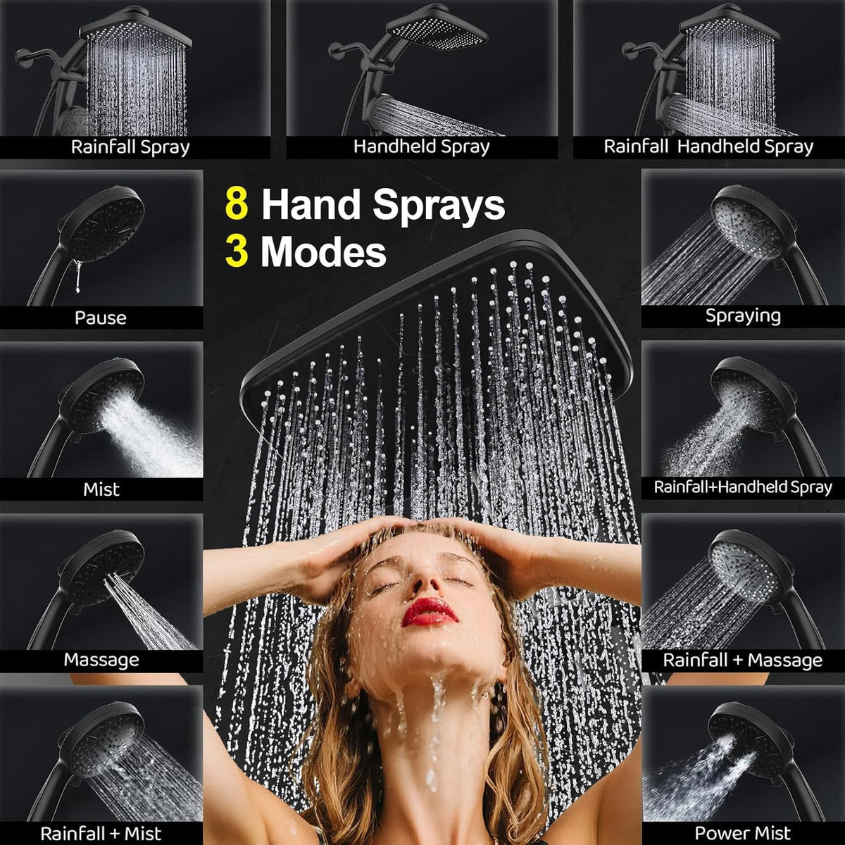 Matte Black - Dual Rainfall Shower Head with Filtered Handheld Sprayer and Magnetic Dock