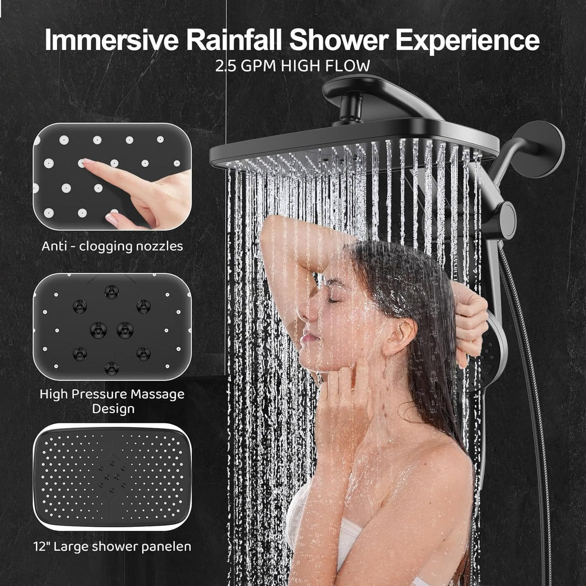Matte Black - Dual Rainfall Shower Head with Filtered Handheld Sprayer and Magnetic Dock