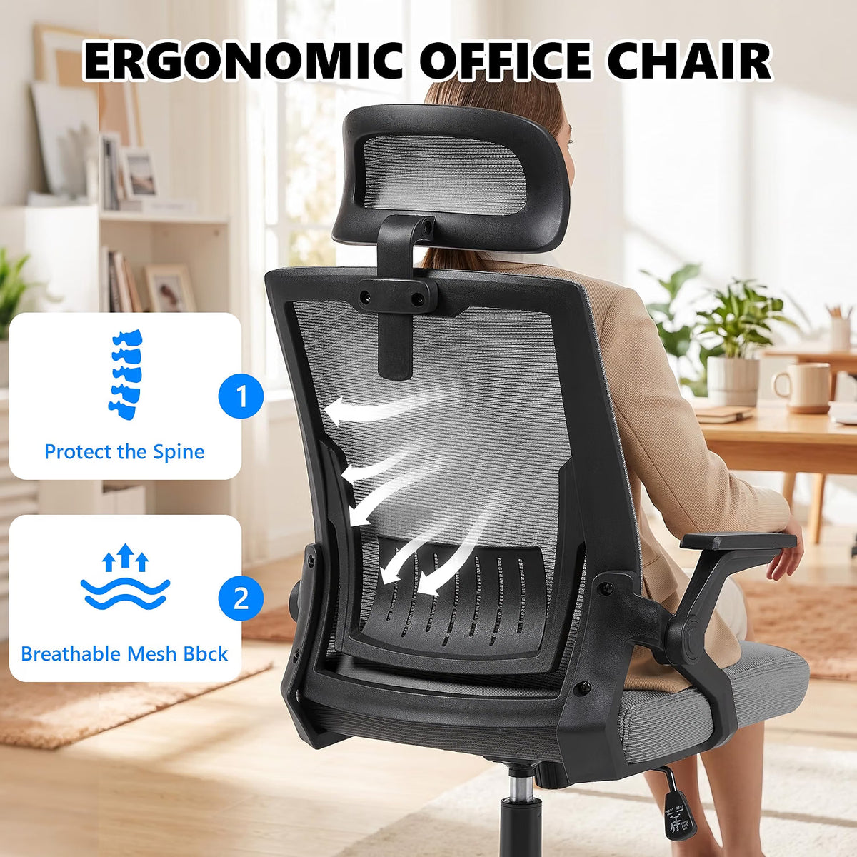 Black/Grey Ergonomic Mesh Office Chair with Headrest