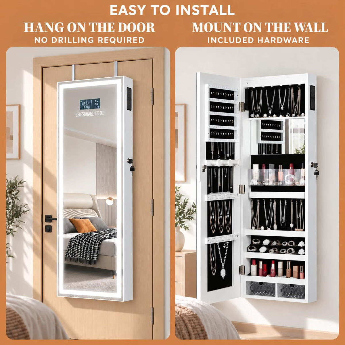 Wall-Mounted Jewelry Armoire with Full-Length LED Mirror and Smart Touch Display