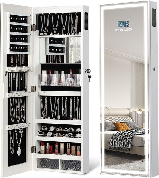 Wall-Mounted Jewelry Armoire with Full-Length LED Mirror and Smart Touch Display