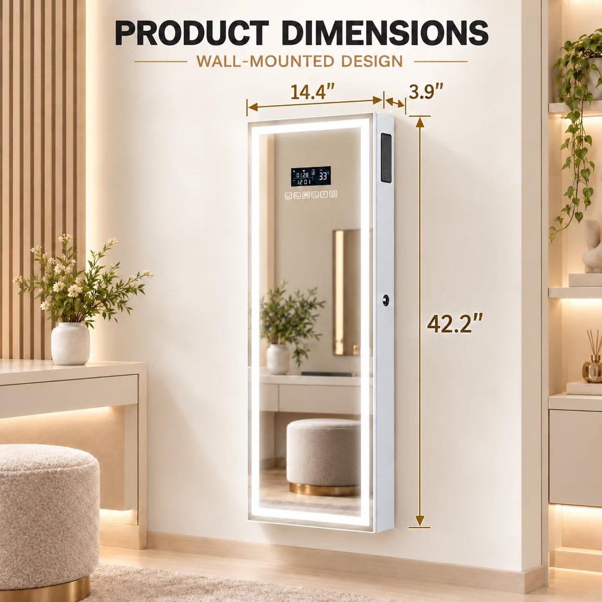 Wall-Mounted Jewelry Armoire with Full-Length LED Mirror and Smart Touch Display