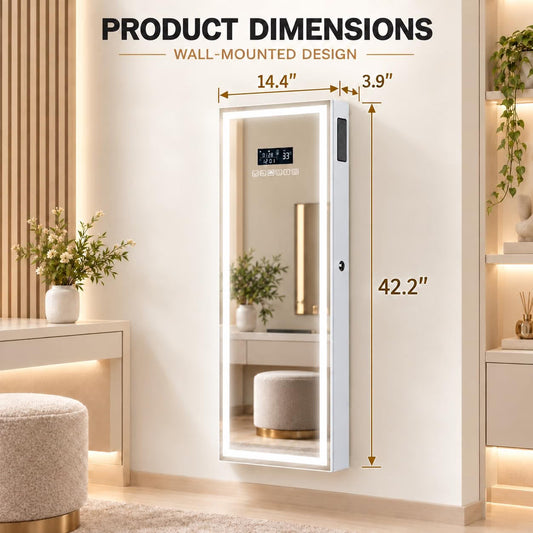 Wall-Mounted Jewelry Armoire with Full-Length LED Mirror and Smart Touch Display