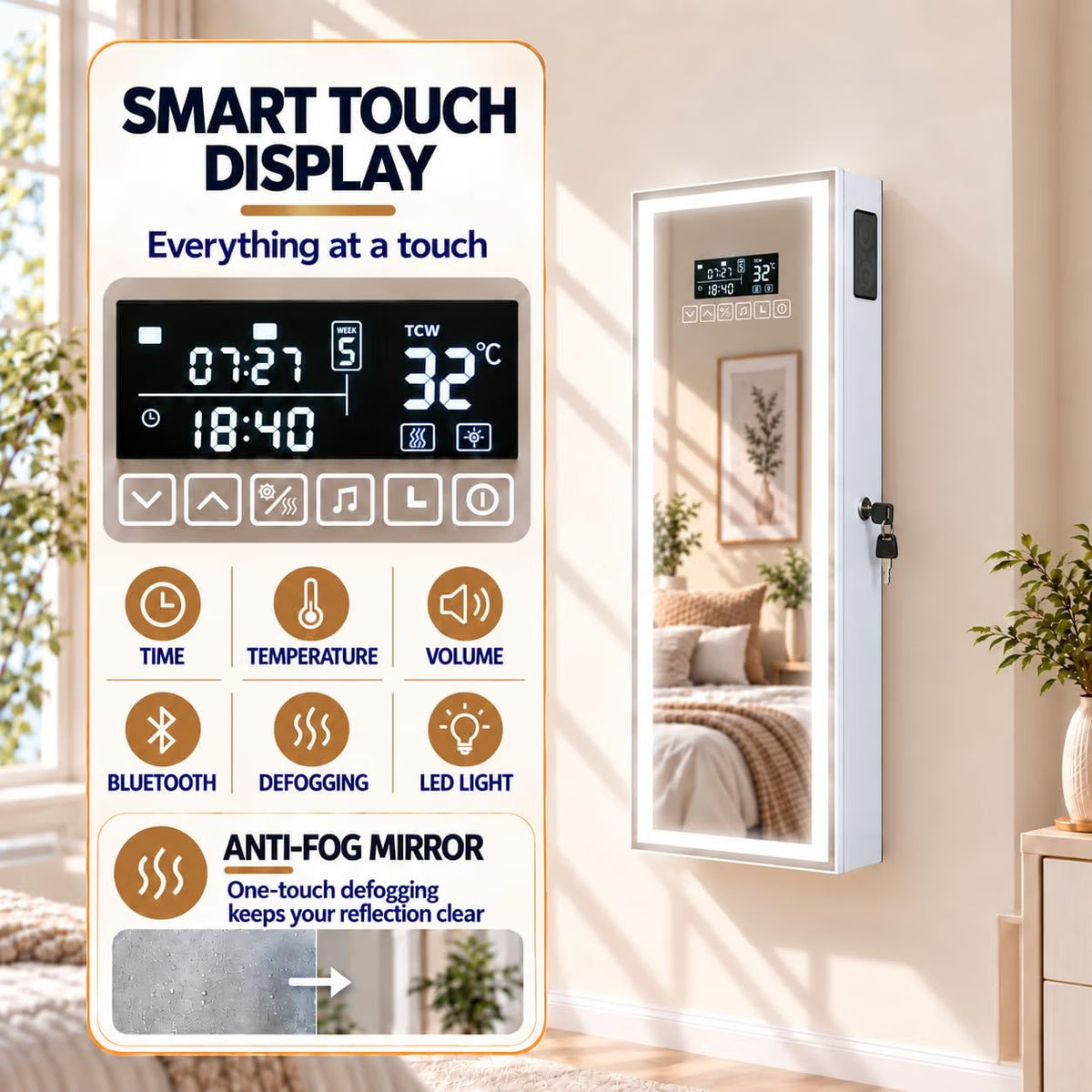 Wall-Mounted Jewelry Armoire with Full-Length LED Mirror and Smart Touch Display