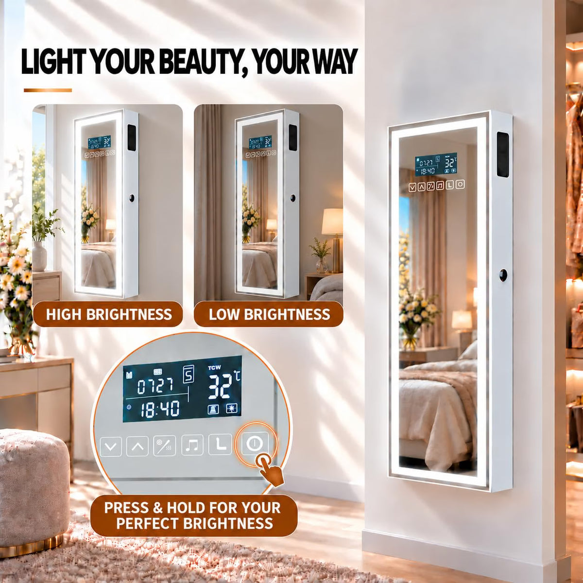 Wall-Mounted Jewelry Armoire with Full-Length LED Mirror and Smart Touch Display