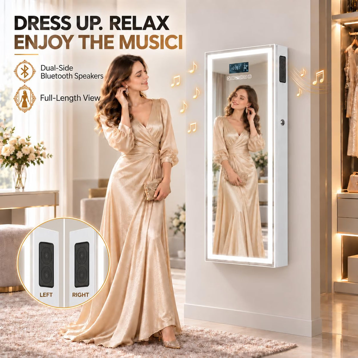 Wall-Mounted Jewelry Armoire with Full-Length LED Mirror and Smart Touch Display
