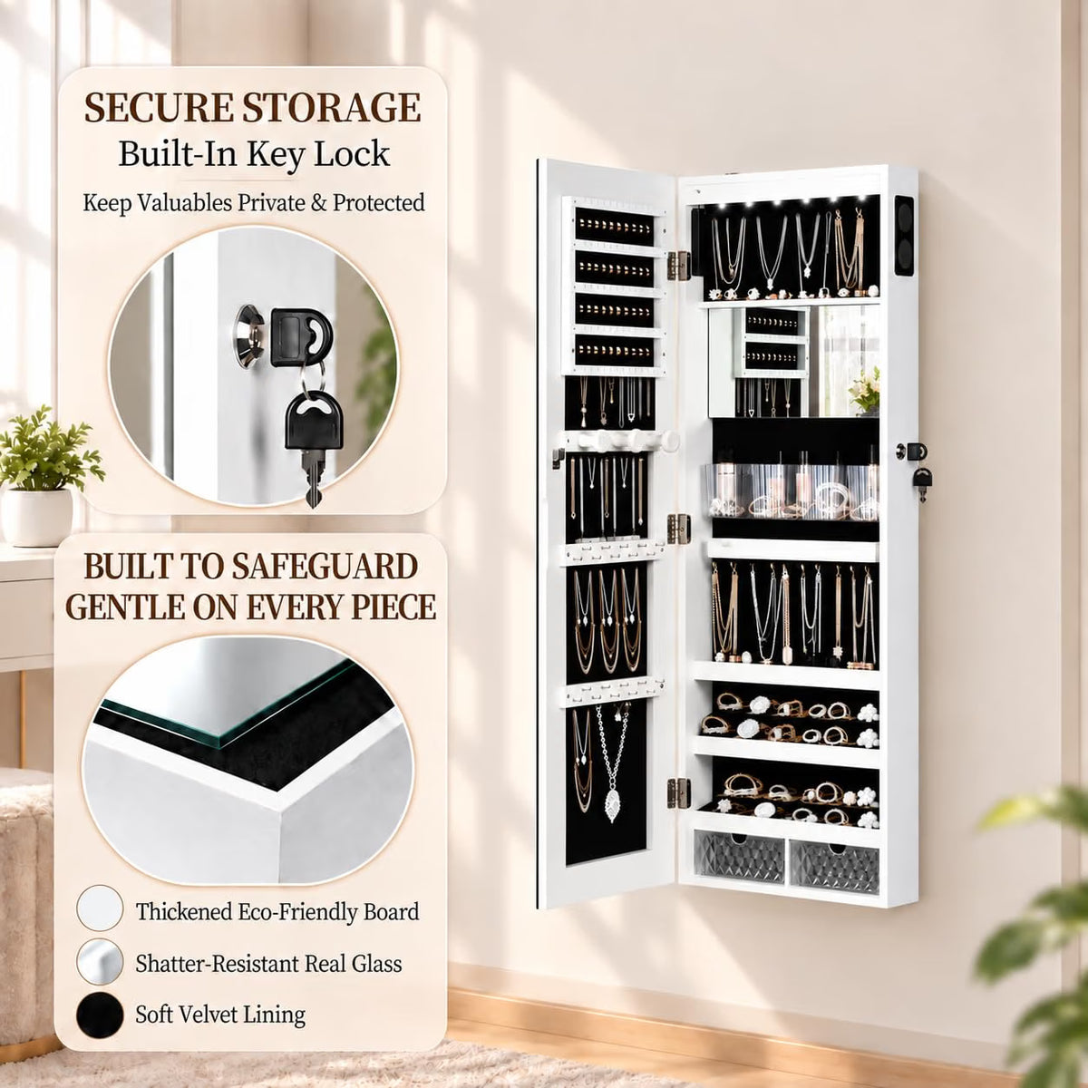 Wall-Mounted Jewelry Armoire with Full-Length LED Mirror and Smart Touch Display