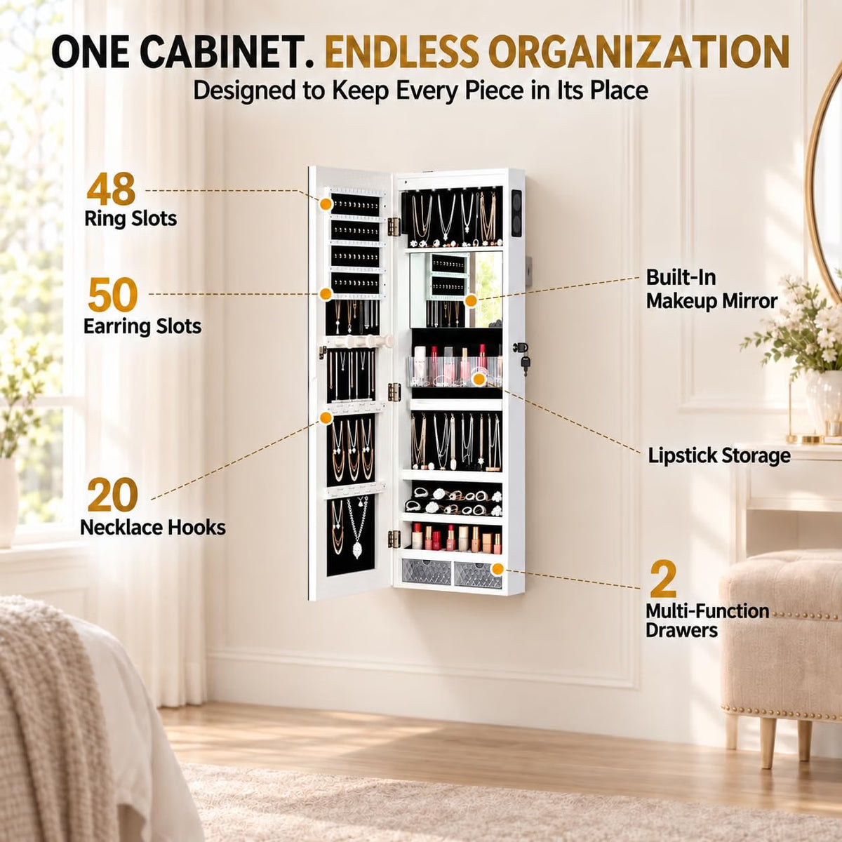 Wall-Mounted Jewelry Armoire with Full-Length LED Mirror and Smart Touch Display