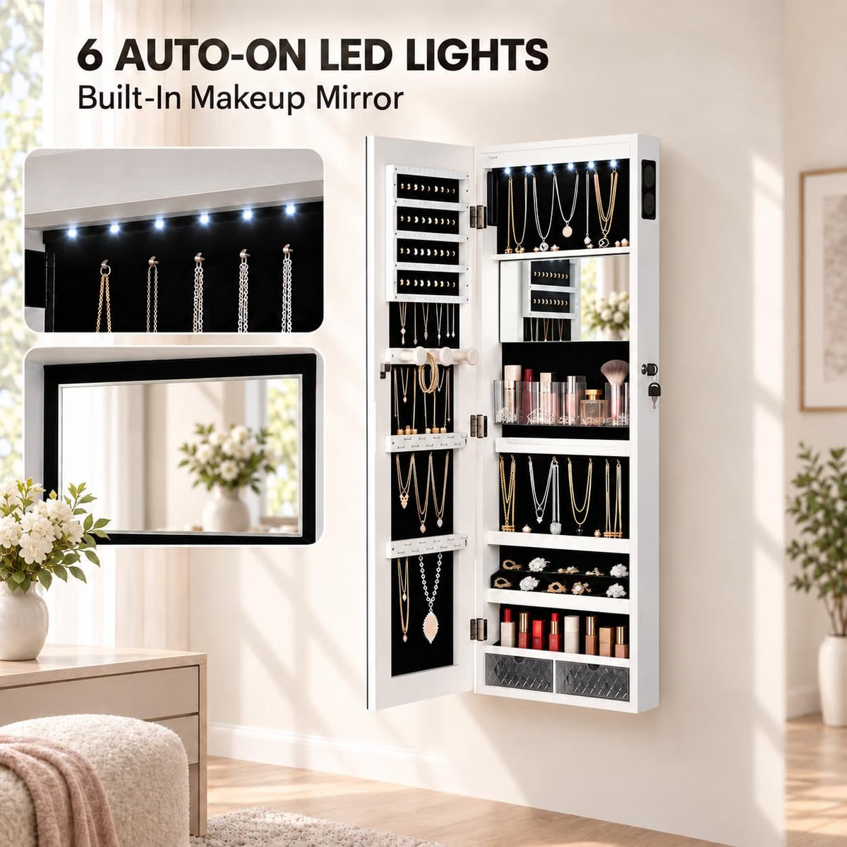 Wall-Mounted Jewelry Armoire with Full-Length LED Mirror and Smart Touch Display