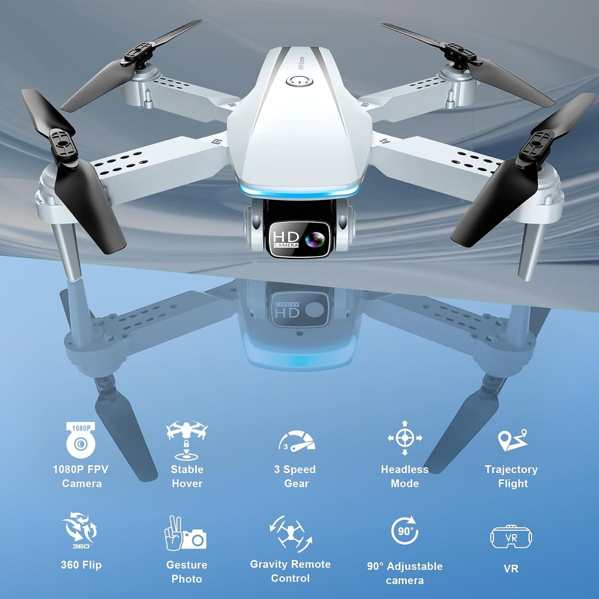 White 1080P FPV Camera Drone with Remote Control and Carrying Case