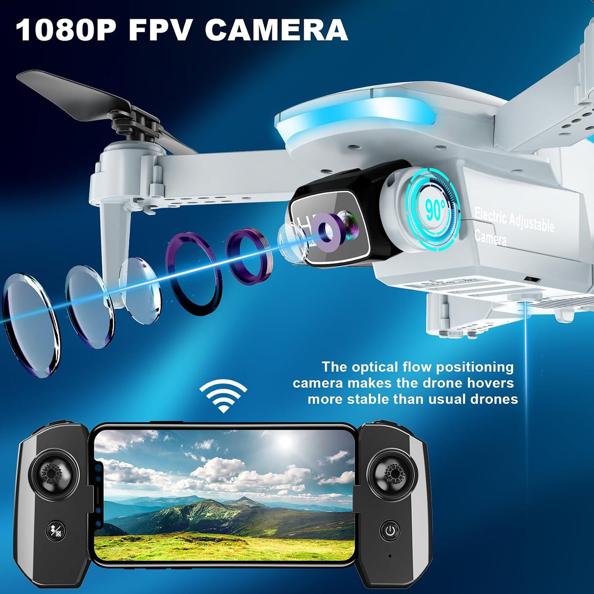 White 1080P FPV Camera Drone with Remote Control and Carrying Case