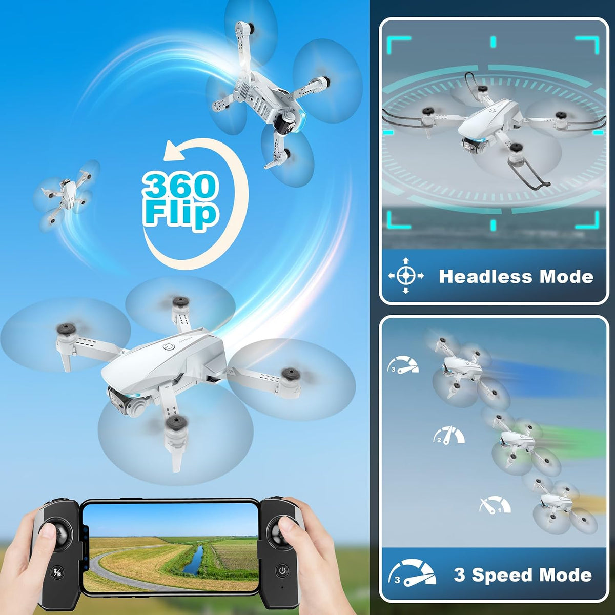 White 1080P FPV Camera Drone with Remote Control and Carrying Case
