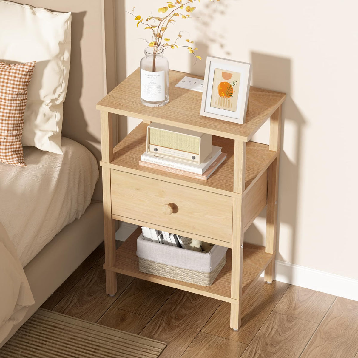 Wood-Tan Nightstands with Power