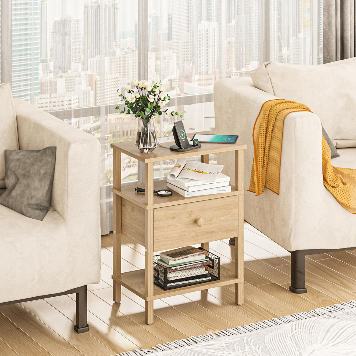 Wood-Tan Nightstands with Power