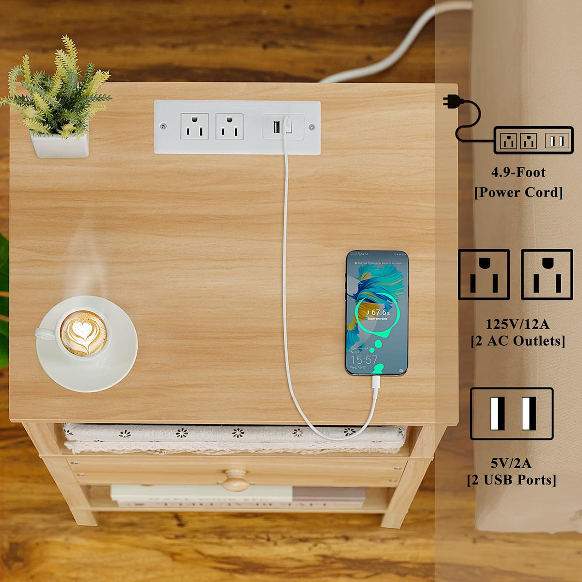 Wood-Tan Nightstands with Power
