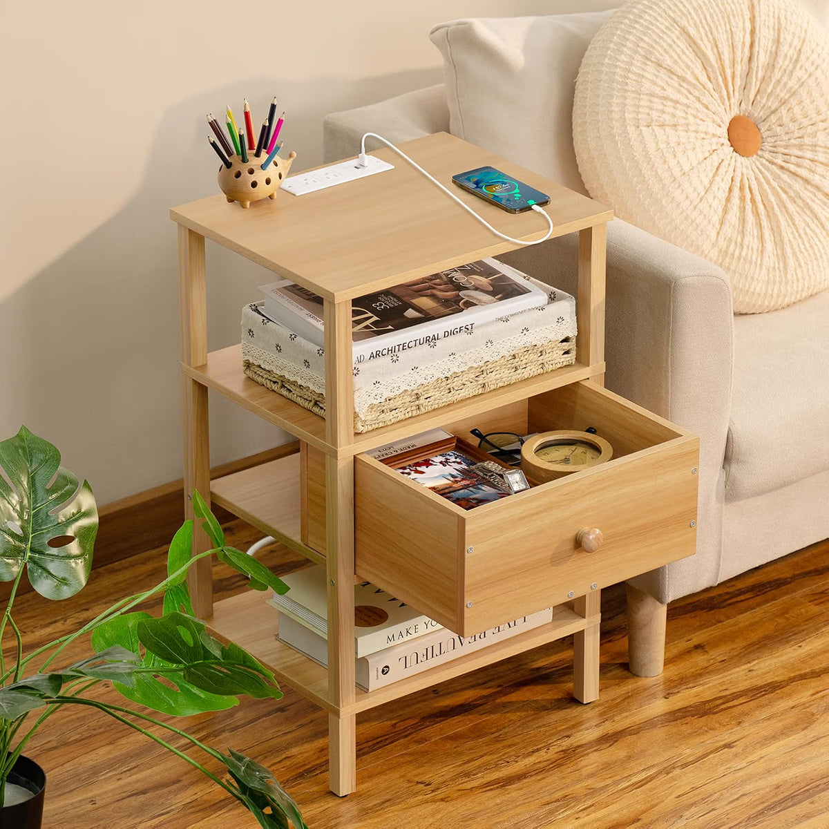 Wood-Tan Nightstands with Power