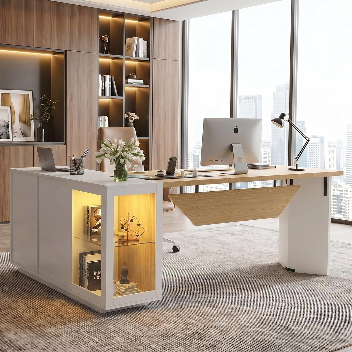 (White) Modern L-Shaped Executive Desk