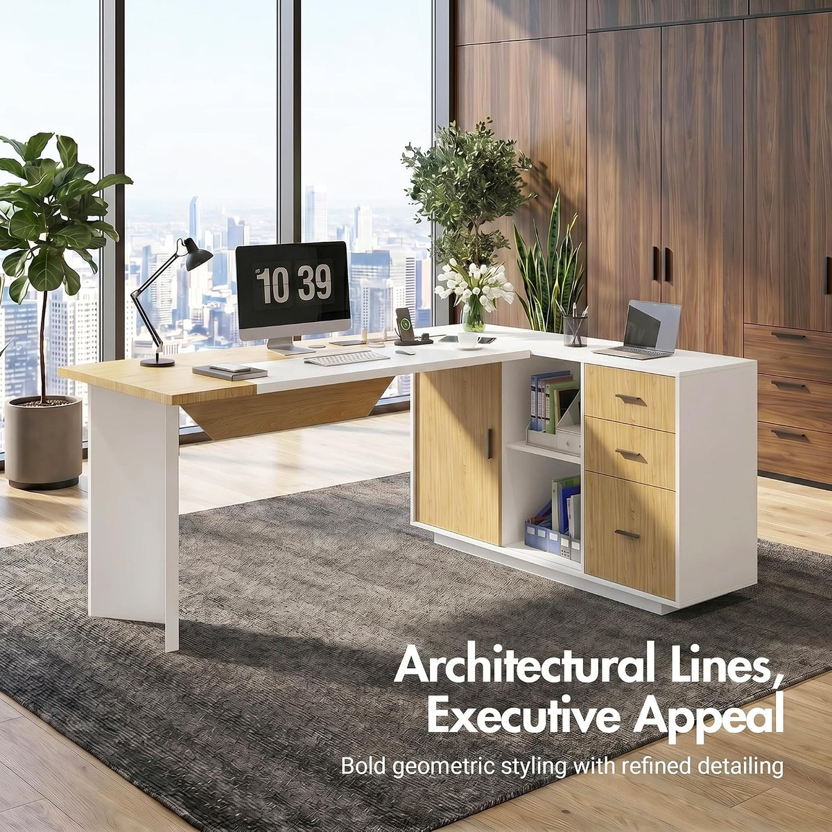 (White) Modern L-Shaped Executive Desk