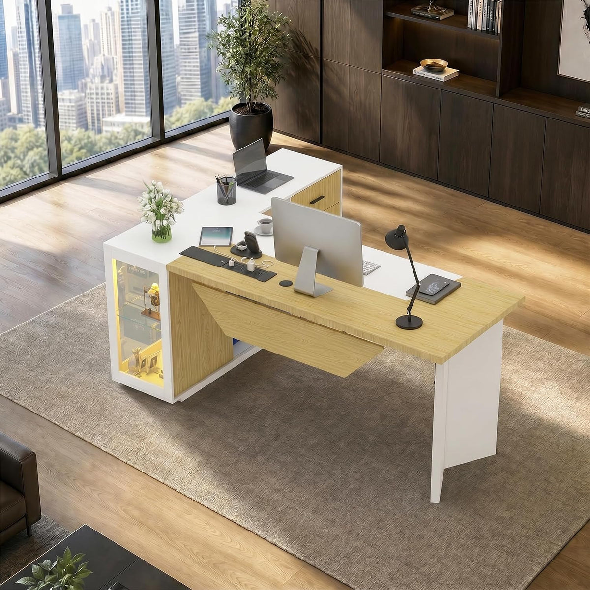 (White) Modern L-Shaped Executive Desk